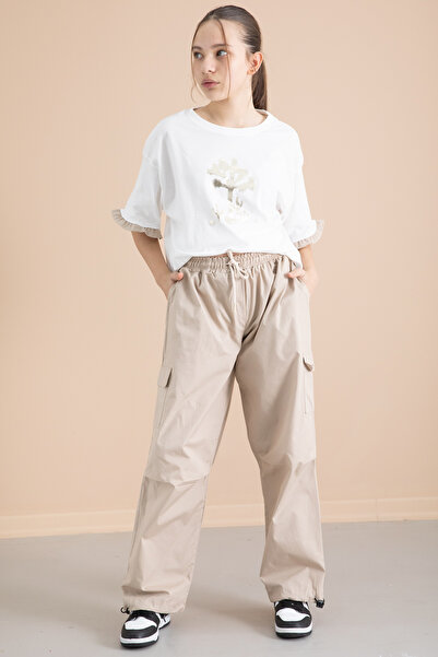 Cansın Mini Μπεζ κοριτσίστικο μπλουζάκι και παντελόνι Cargo Pocket 2 τεμαχίων 20396