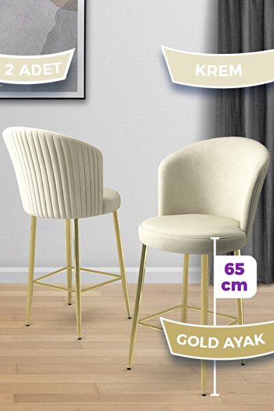 Canisa Alte Serisi 2 Adet Babyface Kumaş 65 cm Gold Kaplama Ayaklı Krem Bar S...