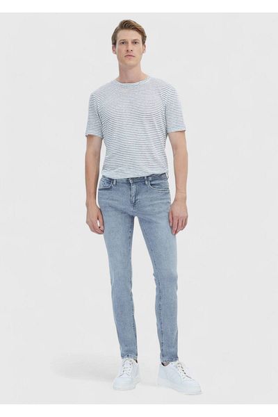 Ramsey Blaue, gerade, schmal geschnittene Denim-Baumwollmischungshose