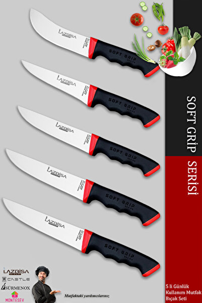 LAZBİSA Soft Grip Mutfak Bıçak Seti Et Ekmek Sebze Bıçağı 5 Li Set Günlük Kul...