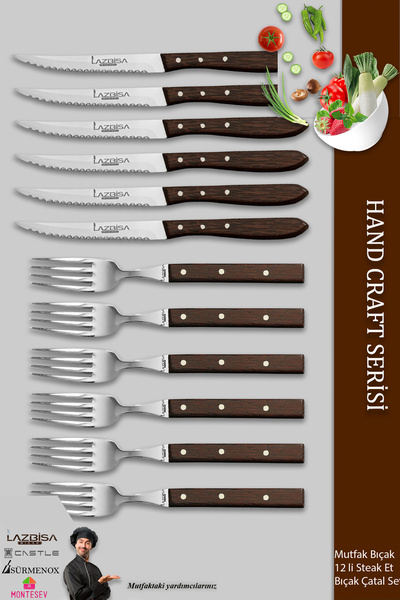 LAZBİSA Hand Craft Serisi Steak Et Yemek Kahvaltı Bıçağı Çatalı 12 Li Set Mutfak Bıçak Seti ( Mtf-061 )