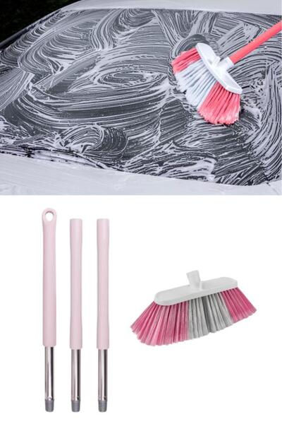Flora Saplı Oto Fırçası Seti, Araba Otomobil Yıkama Fırça Seti, 3 Parçalı Sap 115 cm ve Oto Fırça Pembe