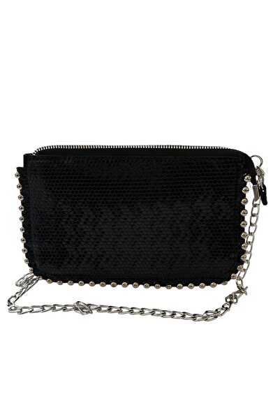 Metal Boncuklu Şık Kadın Clutch Çapraz Zinci Askılı Çanta - Siyah