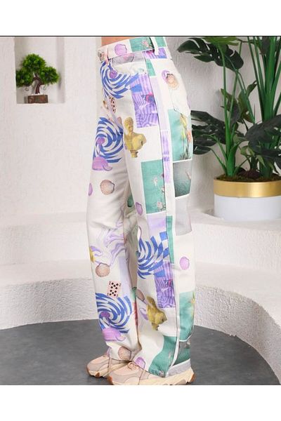 KOTOLOG High Rise Straight Cut Pastel Printed Jean