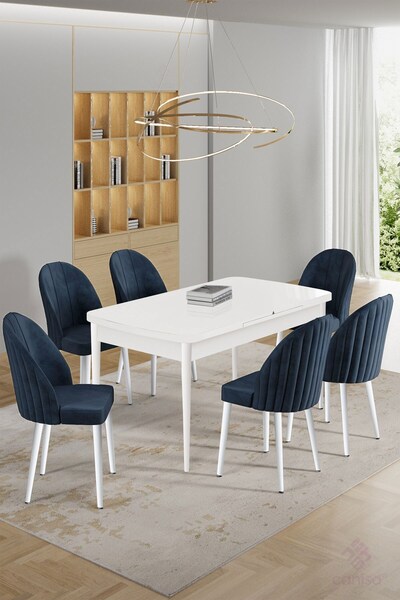 Canisa Enya Serisi 80x132 Açılabilir Beyaz Masa Takımı ve 6 Antrasit Sandalye