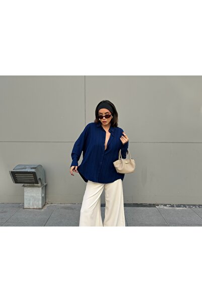 minaaise Lacivert Oversize Geniş Manşetli Kadın Gömlek 27384