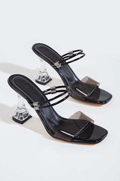 GULT Γυναικείες παντόφλες με λεπτό τακούνι, μαύρες διάφανες παντόφλες