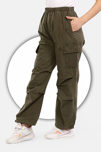 ModiClas Paraşüt Kumaş-%100 Pamuk-Lastikli Stoperli- Kargo Cepli-Diz Katlama Detaylı-Kız Çocuk Pantolonu