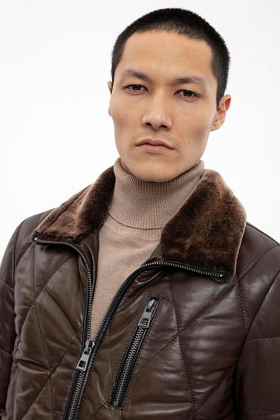 Deriderim Dark Brown Perit Quilted Men's Genuine Leather Coat with Insulated Collar and Fur Inside