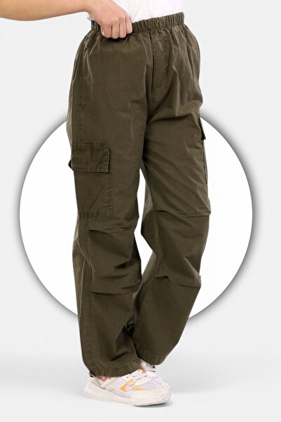 ModiClas Paraşüt Kumaş-%100 Pamuk-Lastikli Stoperli- Kargo Cepli-Diz Katlama Detaylı-Kız Çocuk Pantolonu