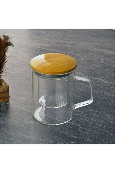 Qerhome 350 ml Capacity Bamboo Camping Borosilicate Glass Mug with Strainer - Long