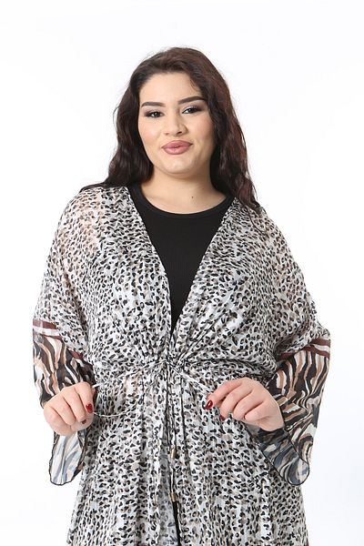 Şans Women's Plus Size Color Waist Lace-Up Silvery Chiffon Cardigan 65N38769