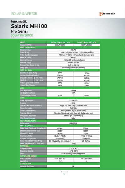 Tunçmatik Solarix 5 kW MH100 Pro 100A MPPT 48 V Volt 5000 W Watt Akıllı İnverter 220V Çevirici