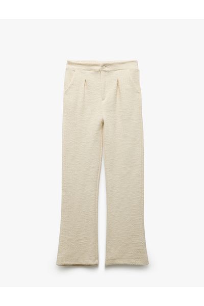 Koton Buttoned Wide Leg Tweed Trousers with Pockets and Pleat Detail