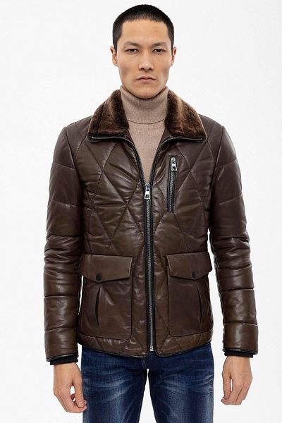 Deriderim Dark Brown Perit Quilted Men's Genuine Leather Coat with Insulated Collar and Fur Inside