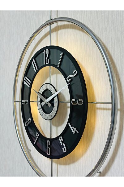 Pey Aksesuar Metal Camlı Duvar Saati KROM TOZ BOYA 60x80cm Büyük Boy Işıklı G...