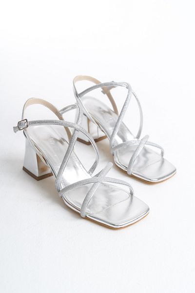 BUNİPARK Women's Ankle Strap Silvery Cross Strap Sandals