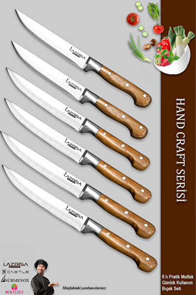 LAZBİSA Hand Craft Mutfak Bıçak Seti Et Ekmek Sebze Meyve Doğrama Bıçağı 6 Lı...