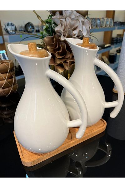 Lizzy 680ml Porcelain Oil Pot - 2 Pack Large Size Liquid Oil Bottle Vinegar with Wooden Stand