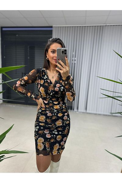 caddstore Mc 5931 Rochie neagră din tul floral drapat cu piept dublu
