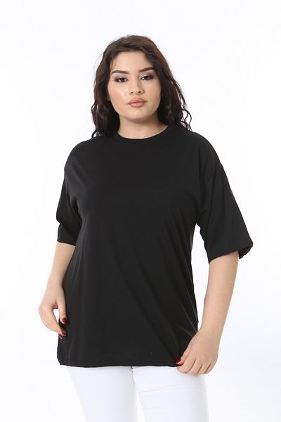 Şans Women's Plus Size Black Crew Neck Short Sleeve Blouse 65N38754