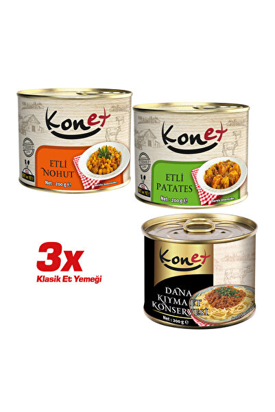 KONET 3'lü Paket Klasik Et Yemeği - Hazır Yemek / Etli Nohut - Etli Patates - D. Kıyma Et Kons. 200g