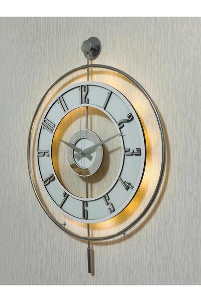 Pey Aksesuar Metal Camlı Duvar Saati Krom Statık 50 X 70cm Orta Boy Işıklı M51-kromgrı-şeffaf-beyaz-gümüş