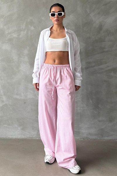 Madmext Rosa Taille verstellbare gestreifte Tasche weites Bein Damenhose Mg2312
