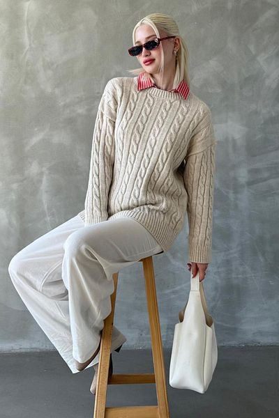 Madmext Ecru Crew Neck Braided Knitwear Sweater Mg2336