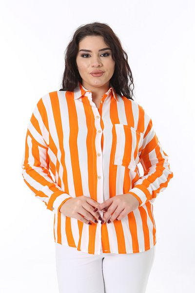 Şans Women's Plus Size Orange Front Button Cuffed Long Sleeve Striped Blouse 65N38751