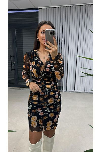 caddstore Mc 5931 Rochie neagră din tul floral drapat cu piept dublu
