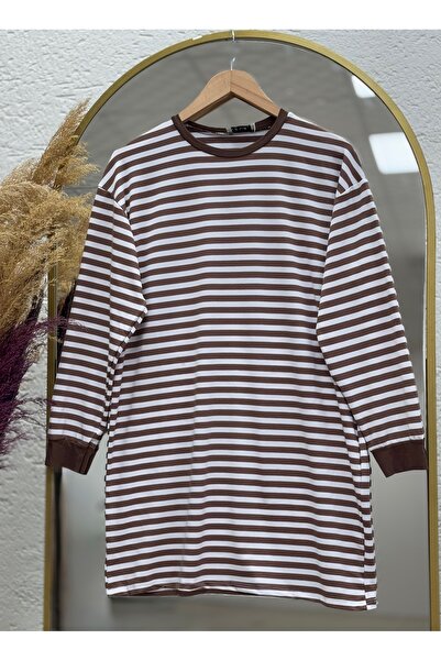 Ebrar Store Καφέ χρώμα Nihal ριγέ λεπτό τουνίκ - NA674