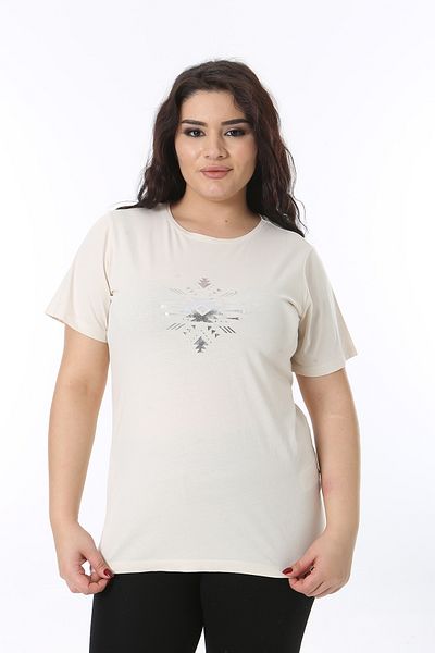 Şans Women's Plus Size Beige Cotton Fabric Lacquer Printed Crew Neck Short Sleeve Blouse 65N38755