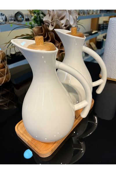 Lizzy 680ml Porcelain Oil Pot - 2 Pack Large Size Liquid Oil Bottle Vinegar with Wooden Stand