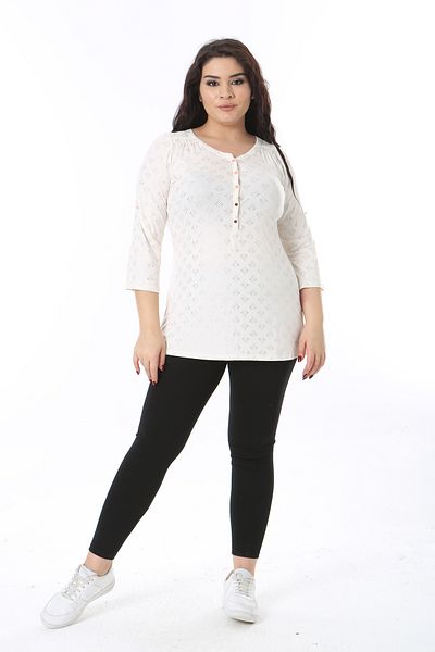Şans Women's Plus Size Bone Front Placket Metal Button Capri Sleeve Lacquer Printed Blouse 65N38758
