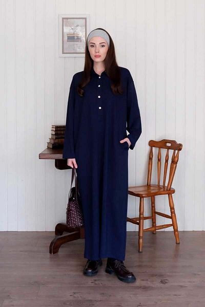 Ceylan Otantik Navy Blue Button Detail Dress