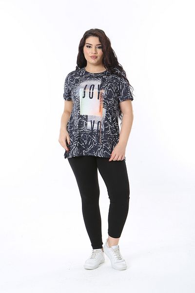 Şans Women's Plus Size Navy Blue Crew Neck Short Sleeve Blouse 65N38766