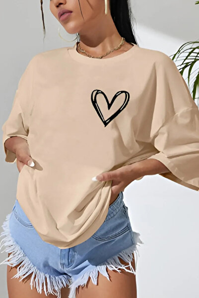 Wish BF Minimalna Kalp Baskılı Oversize majica