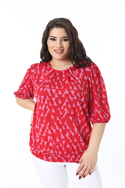 Şans Women's Plus Size Color Collar Pleated Sleeve Mouth Elastic Blouse 65N38756