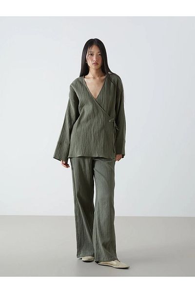 LC Waikiki Lcw Vision Khaki Double Breasted Collar Textured Women's Kimono