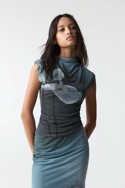 Pull & Bear Floral tulle mock neck T-shirt