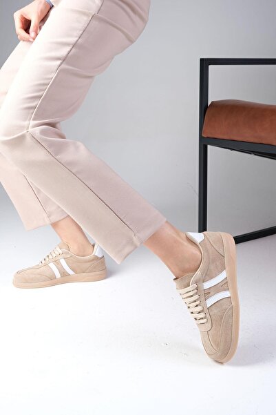 Mio Gusto Valda Hakiki Süet Bej Renk Kadın Spor Ayakkabı