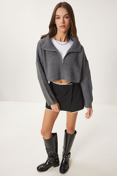 Cloudy Kids Women's Oversize Zippered Crop Knitwear Sweater