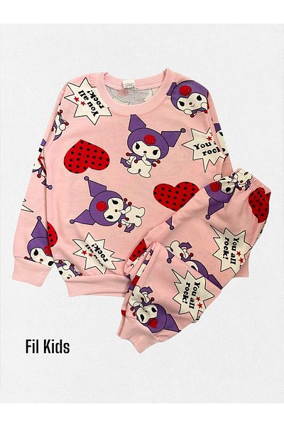 Fil Kids Girl's 100% Cotton Pink Kuromi and Heart Patterned Long Sleeve Seasonal Pajamas Set