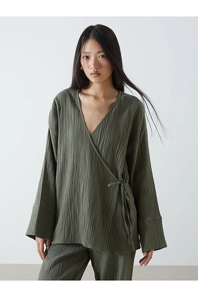 LC Waikiki Lcw Vision Khaki Double Breasted Collar Textured Women's Kimono