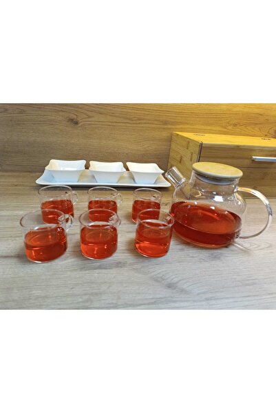 MDKLİFE Isıya Dayanıklı 1000 ml Süzgeçli Cam Demlik 6adet Kupa Bardak Borosil...