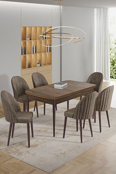 Canisa Enya Serisi 80x132 Açılabilir Barok Ahşap Desen Masa Takımı ve 6 Cappucino Sandalye