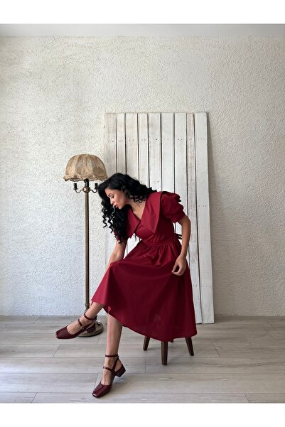 KÜÇÜĞÜM BUTİK Vínové popelínové šaty s velkým výstřihem