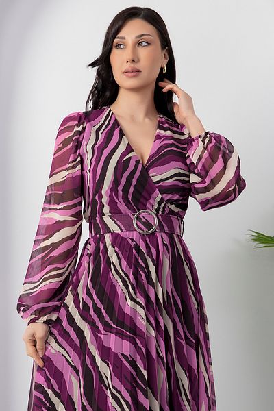 PULLIMM Rochie din șifon cu mânecă lungă cu guler dublu 2024-3029