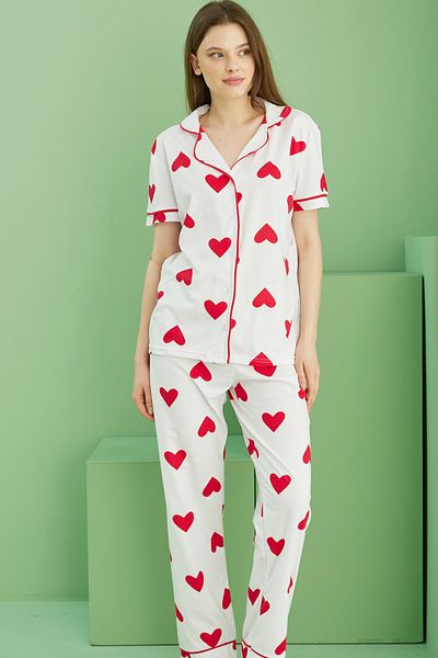 Siyah İnci White Red Heart Print Short Sleeve Button Ribbed Pajamas Suit7818